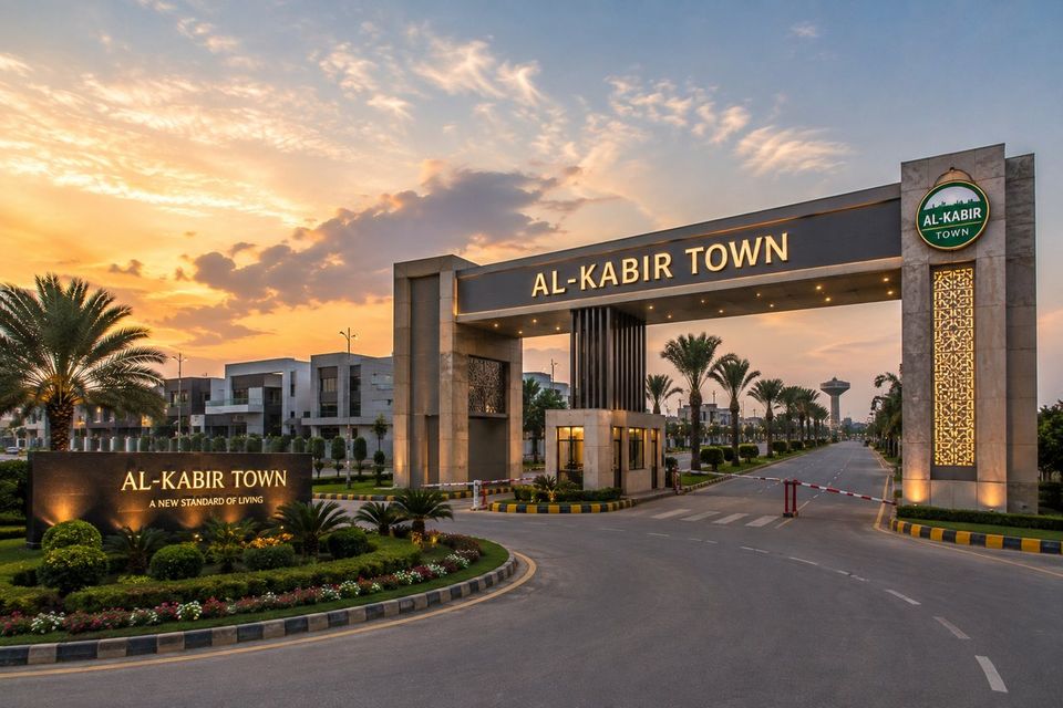 The main entrance gate and boulevard at Al-Kabir Town, Lahore, at sunset