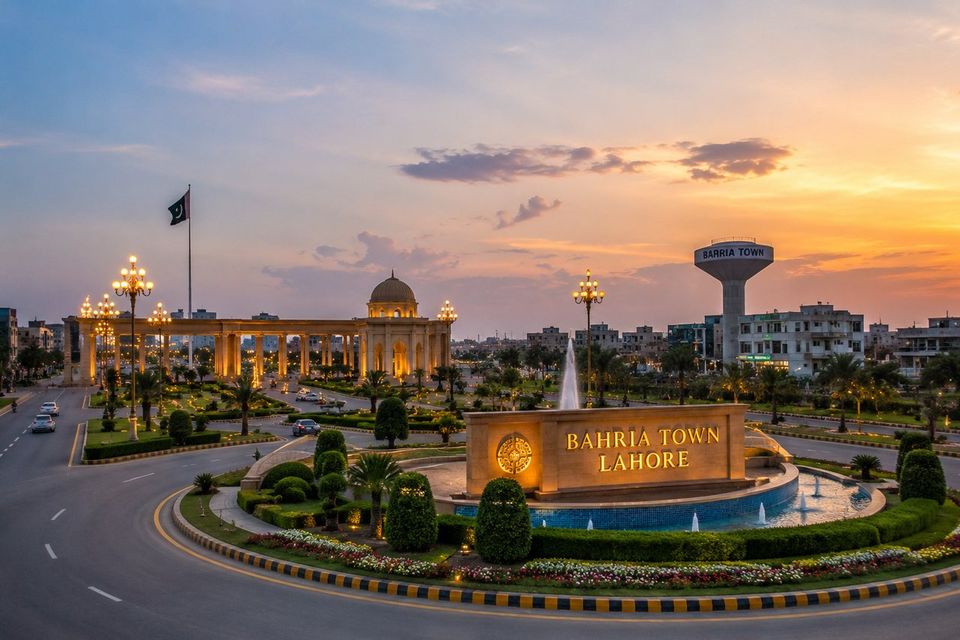 The main boulevard and monument at the entrance to Bahria Town, Lahore, at dusk