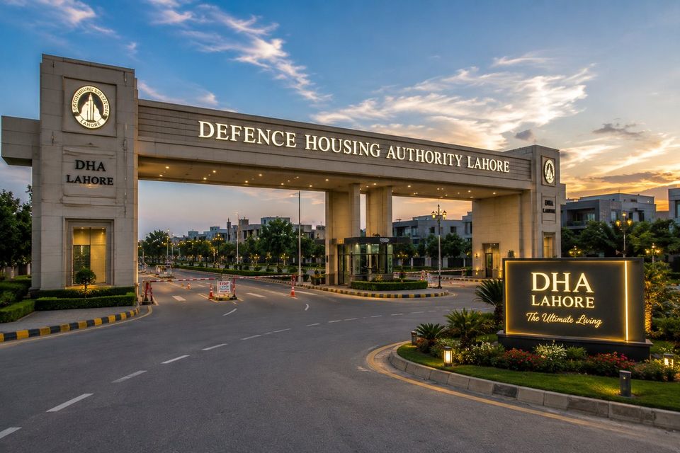 The Defence Housing Authority main entrance gate, DHA Lahore, at dusk