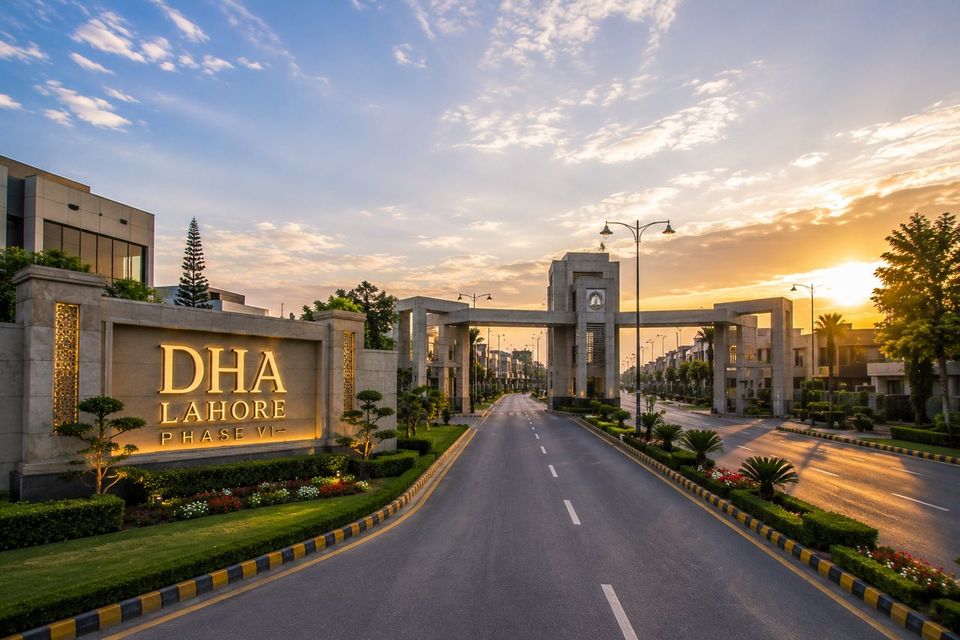 The Phase VI entrance and boulevard at DHA Lahore at sunrise