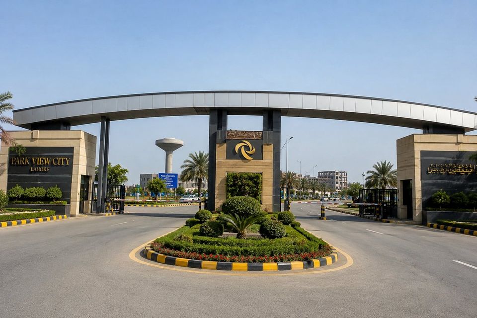 The main entrance gate and boulevard at Park View City, Lahore