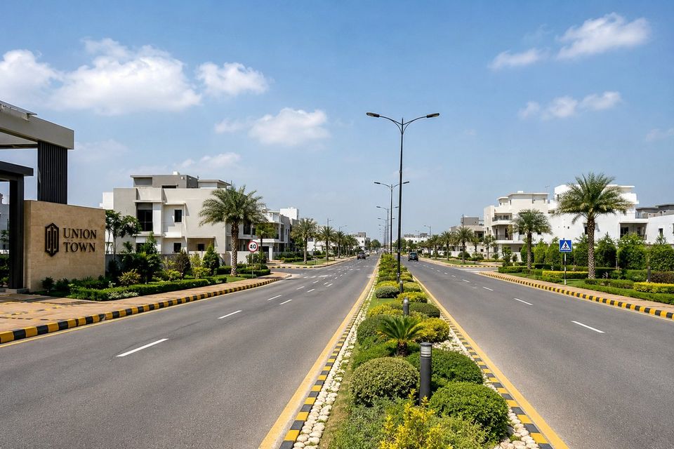 The entrance signage and main boulevard at Union Town, Lahore
